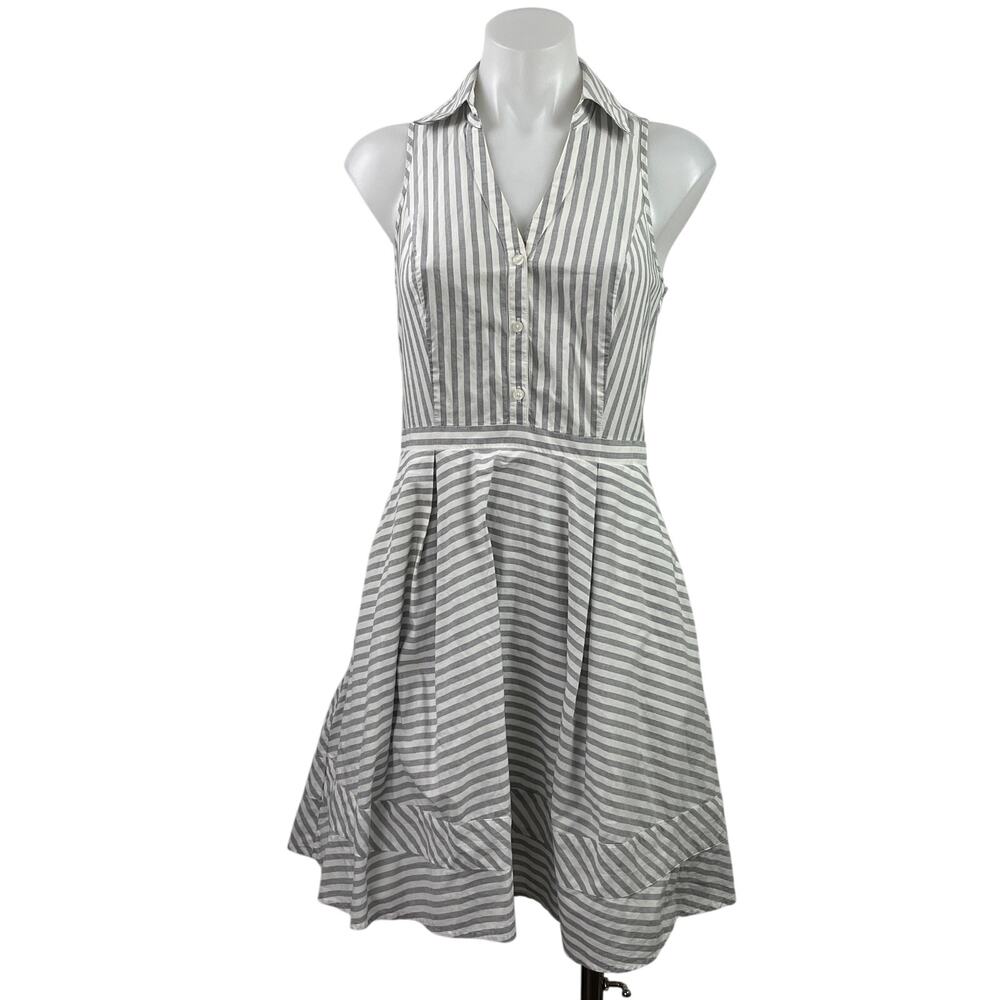 Express Gray White Striped Sleeveless Collared Mini Fit & Flare Shirt Dress Sz S